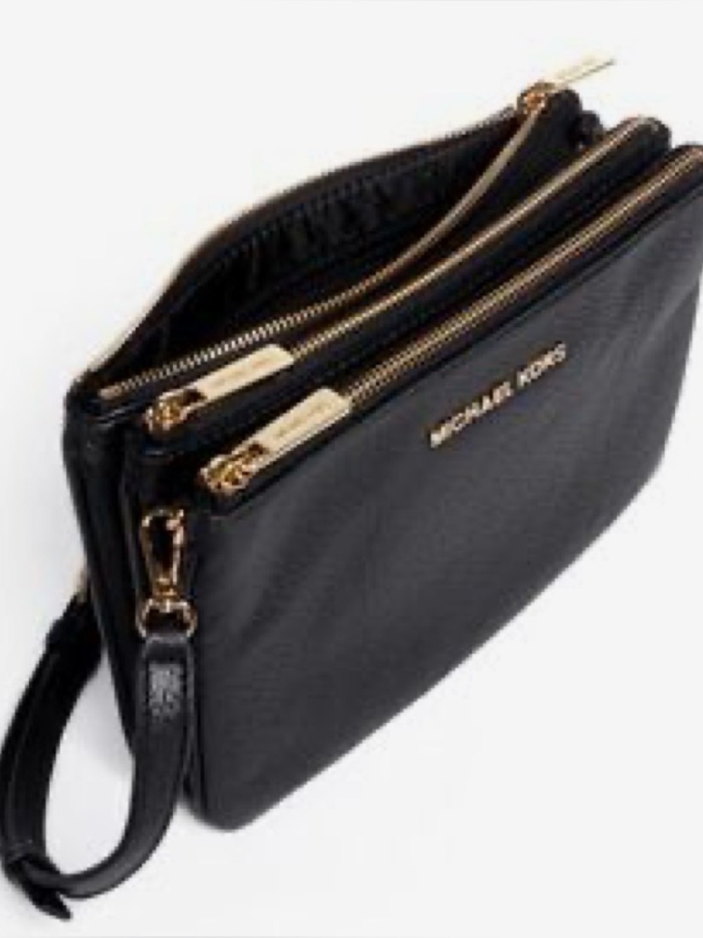 Michael Kors Black Pebbled Triple-Zip Wristlet with Gold Hardware